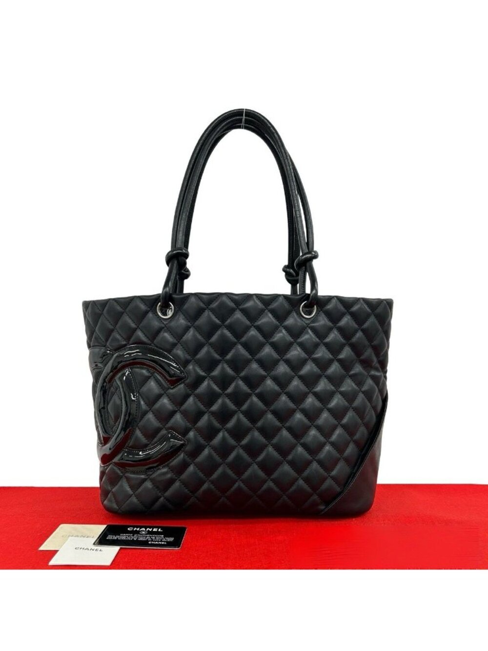 Chanel With Card Cambon Line CC Logo Leather Tote Black